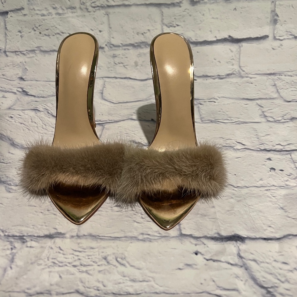 Women's Fur Fluffy Mules Slip On High Heels Sandals Rose Gold Size 7
